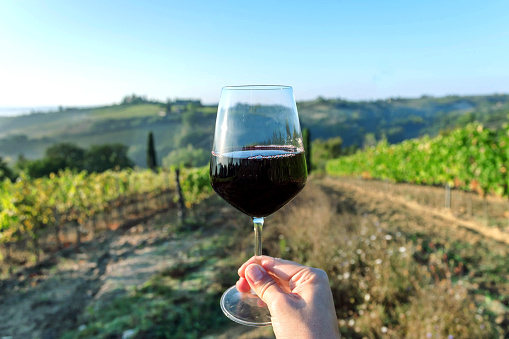 Wine glass over beautiful landscape of Tuscany, with green valley of grapes and hills around. Wine beverage tasting in Italy during harvest.