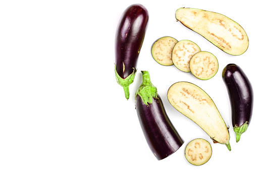 eggplant or aubergine isolated on white background with copy space for your text. Top view. Flat lay pattern.