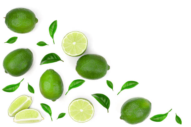 istock sliced lime vith leaves isolated on white background with copy space for your text. Top view. Flat lay pattern 1047183504