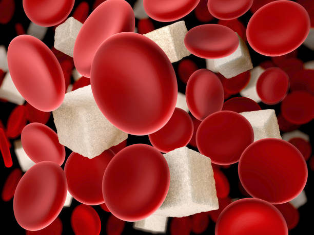 azúcar en la sangre. células sanguíneas con el cubo de azúcar, ilustración 3d - hyperglycemia fotografías e imágenes de stock
