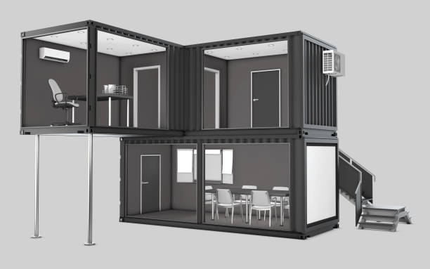 istock Converted old shipping container into office, 3d Illustration isolated gray 1047184250