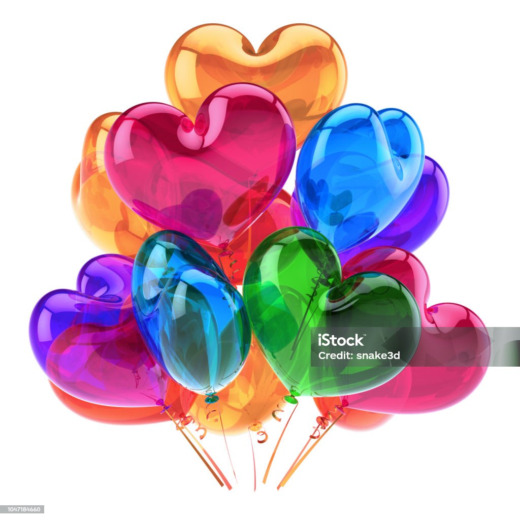 LOVE heart balloons party decor blue orange pink colorful LOVE heart balloons party decor blue orange pink colorful. romantic birthday carnival Valentine's Day decoration glossy multicolored. holiday, celebration greeting card. 3d rendering Birthday Stock Photo