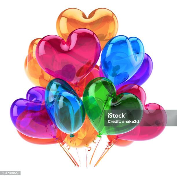 Love Heart Balloons Party Decor Blue Orange Pink Colorful Stock Photo - Download Image Now