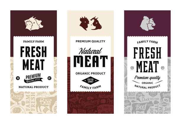 Vector butchery labels Fresh meat modern style labels. Farm animals icons. Butcher shop pattern and design elements. meat backgrounds stock illustrations