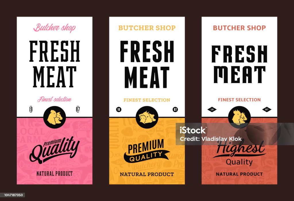 Vector butchery labels Fresh meat modern style labels. Farm animals icons. Butcher shop pattern and design elements. Pattern stock vector