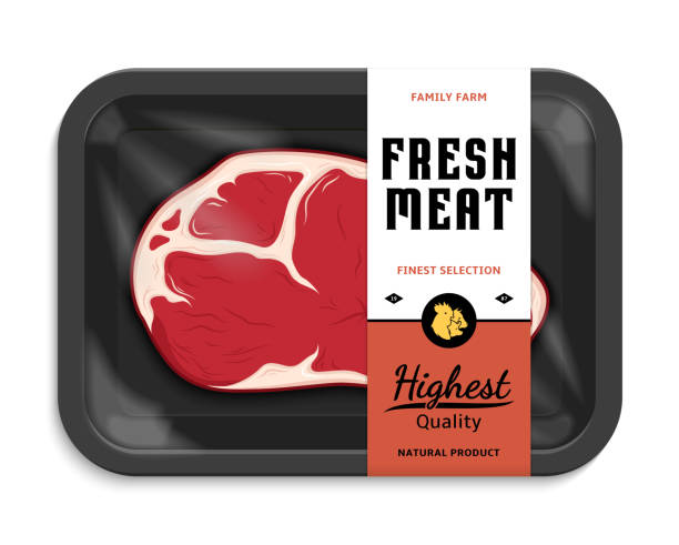 Vector meat packaging illustration Vector meat packaging illustration. Black foam meat tray with plastic film mockup. Modern style butchery label. Farm animals icons. black meat tray stock illustrations