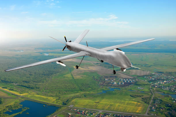 istock Unmanned military drone on patrol air territory at low altitude. 1047206214