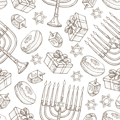 Jewish holiday Hanukkah seamless pattern. Set of traditional Chanukah symbols isolated on white - dreidels, sweets, donuts, menorah candles, star David glowing lights. Doodle Vector template..