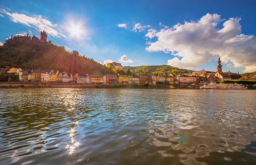 Sunset at the medieval town of Cochem and the river Mosel with the Reichsburg on a beautiful late autumn day