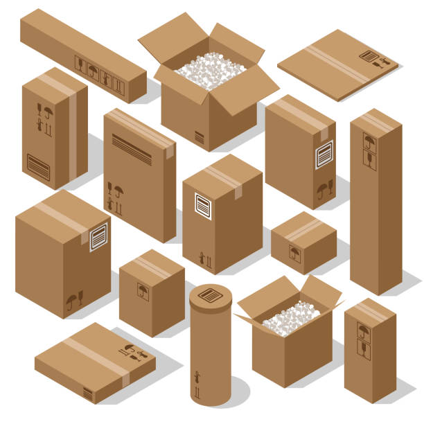 a set of cardboard boxes for the transportation of goods. Brown open containers with foam and closed boxes on a white background. Isometric 3d a set of cardboard boxes for the transportation of goods. Brown open containers with foam and closed boxes on a white background. Isometric 3d polystyrene box stock illustrations