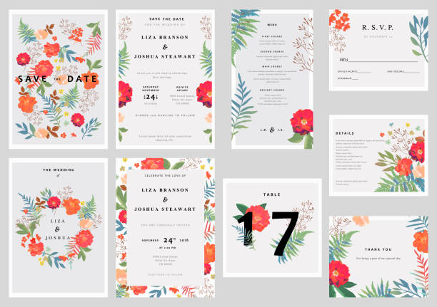 istock Wedding set with floral background. Colorful invitation, cards, 1047229874