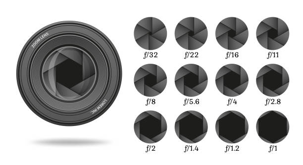 ilustrações de stock, clip art, desenhos animados e ícones de aperture icon set with value numbers. camera shutter lens diaphragm row. vector illustration. - lens camera photography photography themes