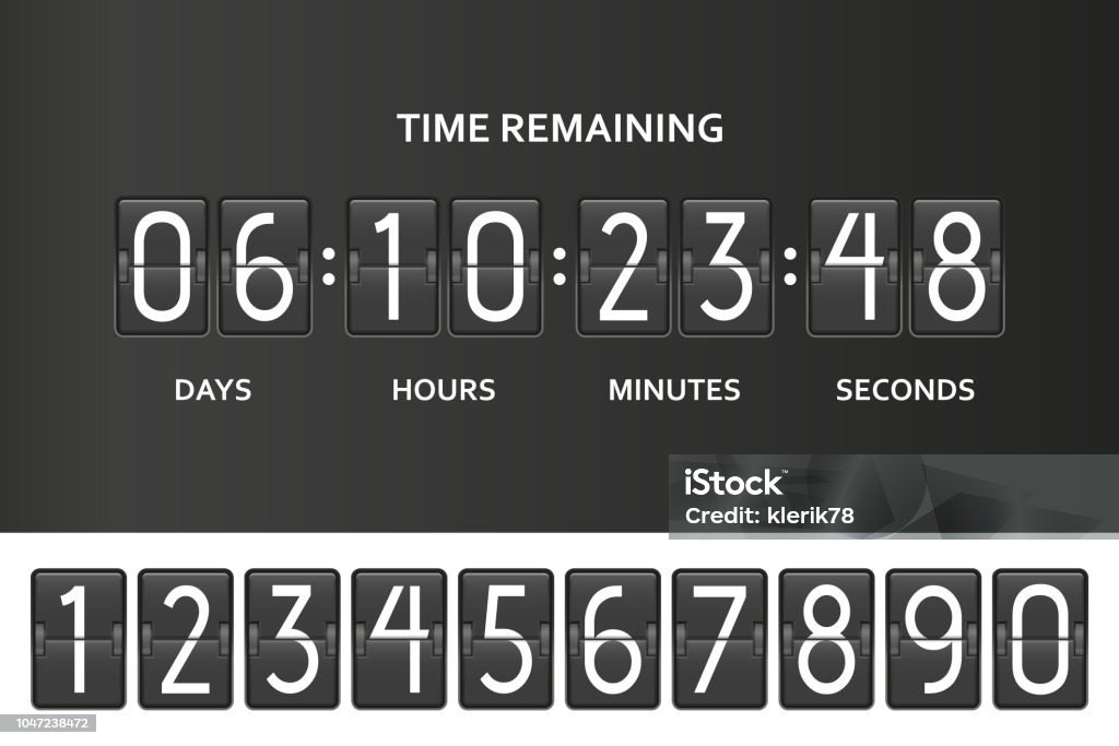 Flip-Countdown Zähler Zeitschaltuhr. Countdown-Board mit Anzeiger für Tag, Stunde, Minuten und Sekunden Restzeit. Unter Constuction Seitenvorlage. Vektor-illustration - Lizenzfrei Countdown Vektorgrafik