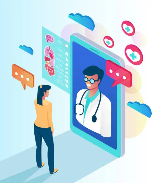 Vector illustration of Woman patient character calling professional doctor by smartphone. Online web medicine clinic consultation concept. Vector flat cartoon isolated illustration