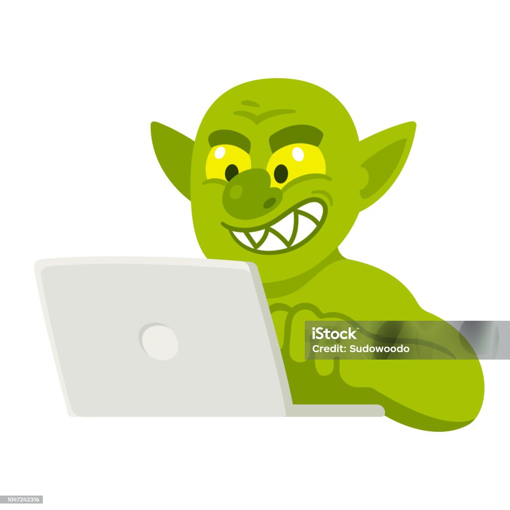 Cartoon internet troll Cartoon internet troll typing comment on laptop. Funny illustration of trolling or cyber bullying. Online Trolling stock vector
