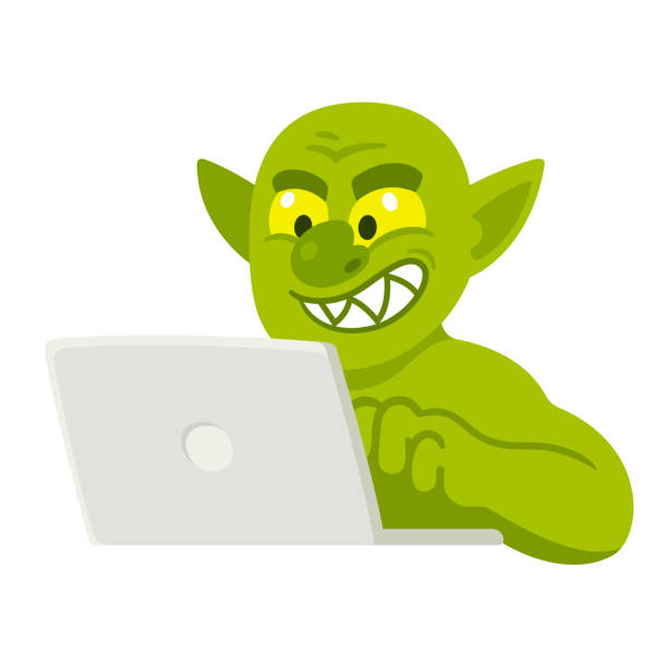 Cartoon internet troll Cartoon internet troll typing comment on laptop. Funny illustration of trolling or cyber bullying. goblin stock illustrations