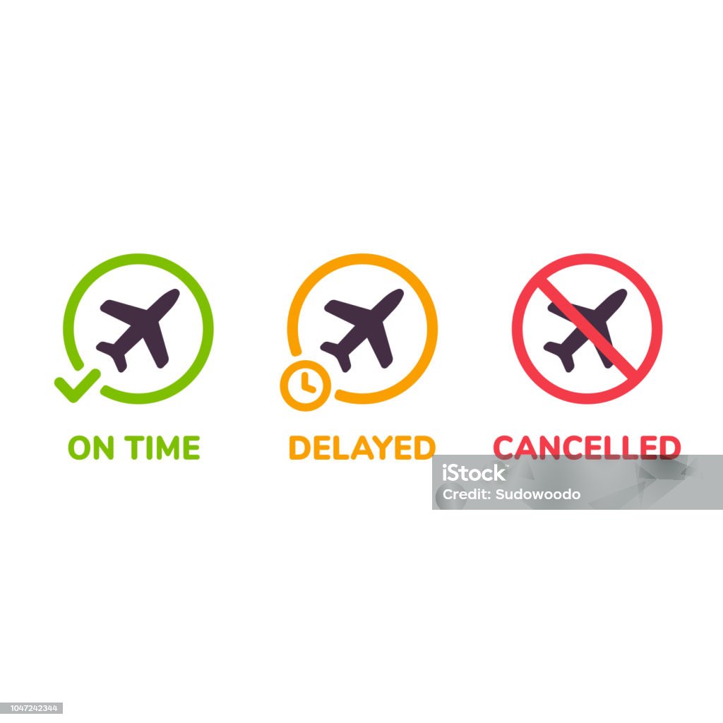 Airplane flight icon set Airport information icons. Flight status on time, delayed and cancelled. Isolated airplane illustration set. Commercial Airplane stock vector