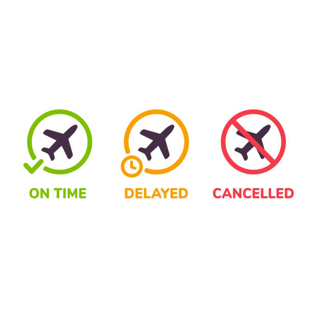 Airplane flight icon set Airport information icons. Flight status on time, delayed and cancelled. Isolated airplane illustration set. cancelled stock illustrations