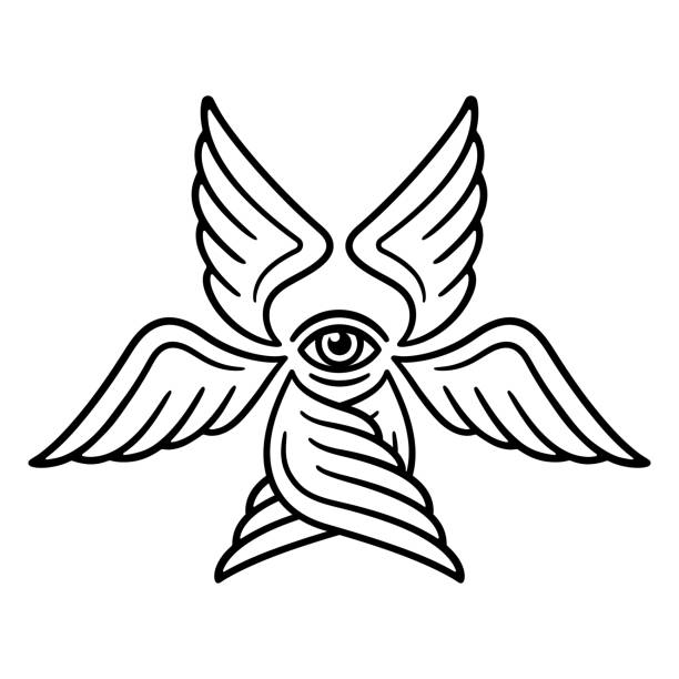 Six winged Seraphim Seraphim, six-winged angel from Bible Book of Revelation. Stylized Seraph illustration for tattoo design, black and white line art. pics of guardian angels stock illustrations