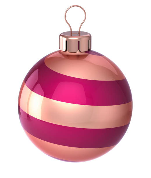 bauble Christmas ball decoration close up red golden striped modern decor. New Year's Eve hanging adornment traditional, Merry Xmas wintertime ornament glossy. 3d illustration
