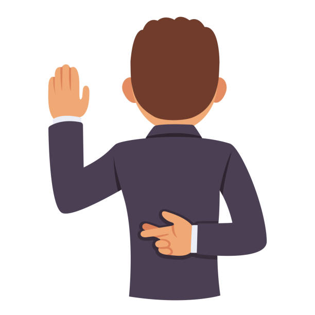 Lying corrupt politician Dishonest politician or business man raising hand in oath, other hand with crossed fingers behind back. Lying and corruption vector clip art illustration. fingers crossed illustrations stock illustrations