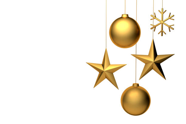 3d рендеринг золотых рождественских украшений: мяч, звезда, снежинка. пространство копирования доступно для пользовательского текста. изол� - christmas ball стоковые фото и изображения