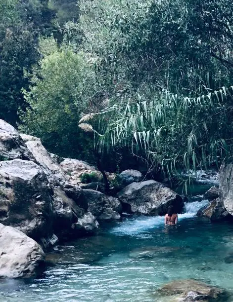 mountain, waterfall, rock, nature, wood, tropical, free, tree, green, park, sea, hiking, swimming, beauty, Spain, water, spring, clear, national park, Spa, back, woman, person