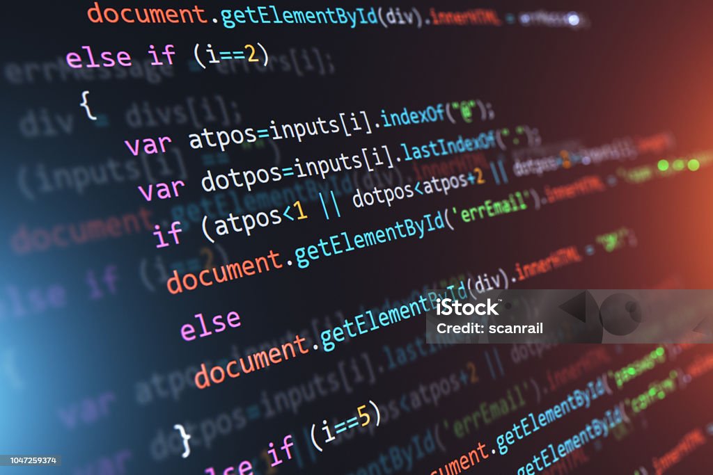 Programming source code abstract background Creative abstract PHP web design, internet programming HTML language and digital computer technology business concept: 3D render illustration of the macro view of software source code on screen monitor with selective focus effect Coding Stock Photo