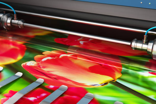 Printing photo banner on large format color plotter 3D render illustration of printing photo banner on large format color plotter in typography or print house printshop digital printing house stock pictures, royalty-free photos & images