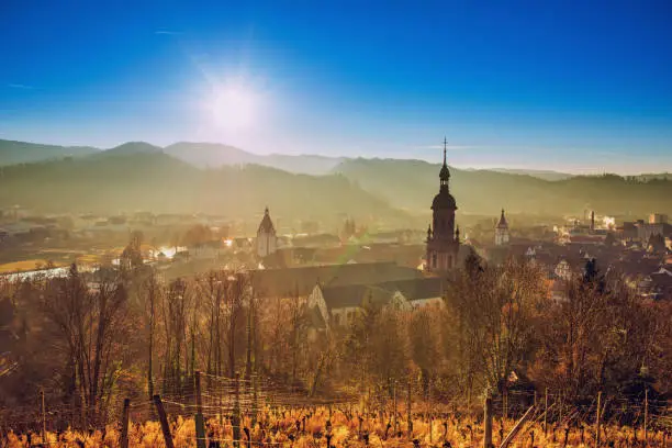 View over vineyards of Gengenbach, a popular tourist destination on the western edge of the Black Forest, on a beautiful winter afternoon