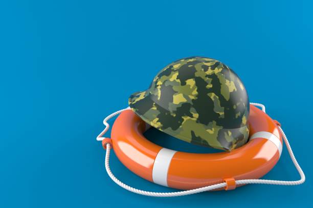 Helmet with life buoy isolated on blue background. 3d illustration