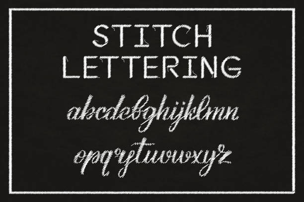 ilustrações de stock, clip art, desenhos animados e ícones de vector realistic isolated stitch typography alphabet for decoration and covering on dark background. concept of embroidery font. - embroidery