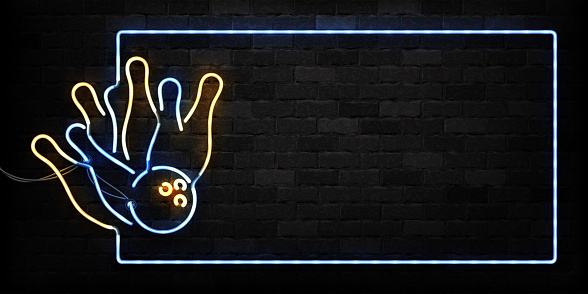Vector realistic isolated neon sign of Bowling frame logo for decoration and covering on the wall background. Concept of game sport and bowling club.