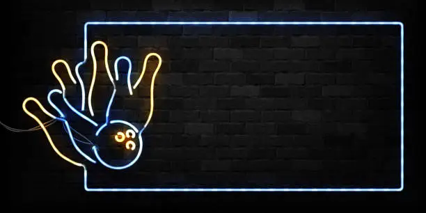 Vector illustration of Vector realistic isolated neon sign of Bowling frame logo for decoration and covering on the wall background. Concept of game sport and bowling club.
