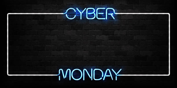 Vector realistic isolated neon sign of Cyber Monday frame logo for decoration and covering on the wall background. Concept of electronics market, sale and discount. Vector realistic isolated neon sign of Cyber Monday frame logo for decoration and covering on the wall background. Concept of electronics market, sale and discount. cyber monday stock illustrations
