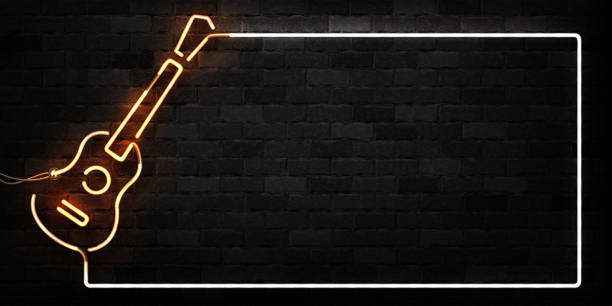 Vector set of realistic isolated neon sign of Guitar frame logo for decoration and covering on the wall background. Concept of music, dj and concert. Vector set of realistic isolated neon sign of Guitar frame logo for decoration and covering on the wall background. Concept of music, dj and concert. guitar borders stock illustrations