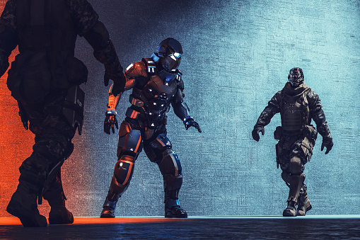 Futuristic cyborg soldiers arresting cyborg mercenary.