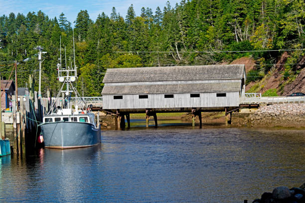 istock Boats in cove with covered bridge in background 1047311180