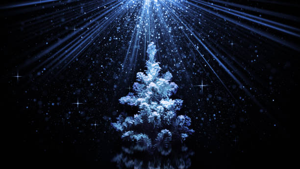 istock christmas tree in blue light beams 1047316406