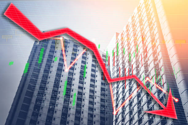 istock Composing with business building and stock chart (red bear chart) 1047319440