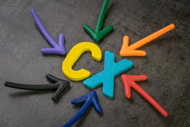 Photo of CX, Customer Experience concept, colorful arrows pointing to alphabet CX at the center of chalkboard, important of customer centric experience design in recent world business, product and service