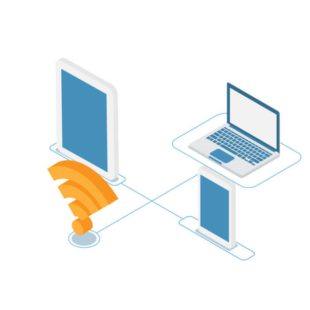 cyber connection technology wifi with devices illustration of cyber connection technology wifi with devices vector isometric computer network router communication internet stock illustrations