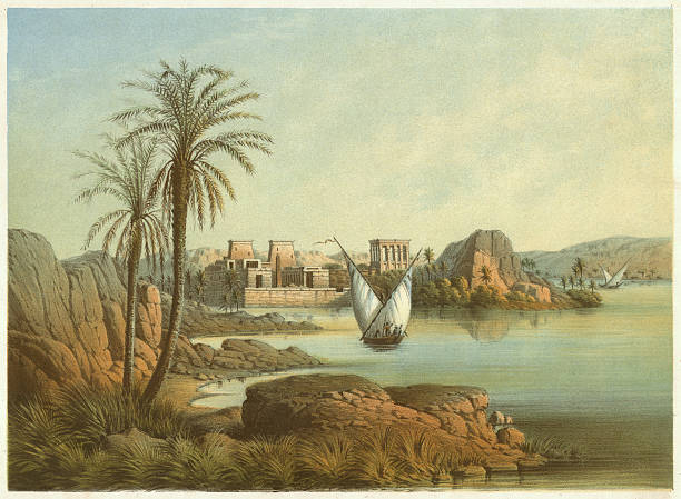 Philae island (Egypt), by Ernst Weidenbach (1818-1882), lithograph, published 1861 Philae island - by Ernst Weidenbach (German painter, 1818-1882). Philae is an ancient temple complex of Greco-Roman times about 8 km south of Aswan on Lake Nasser in southern Egypt. Today's location of the temple complex is no longer the original island of Philae, as it has sunk in Lake Nasser. In the 1960s the temple was relocated to the island Agilkia. It is a Unesco World Heritage Site. Orignal lithograph from my archive, published in 1861. temple of philae stock illustrations