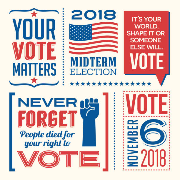 ilustraciones, imágenes clip art, dibujos animados e iconos de stock de elementos patrióticos y mensajes motivadores para animar a votar en la elección de 2018 de estados unidos. - voting usa button politics