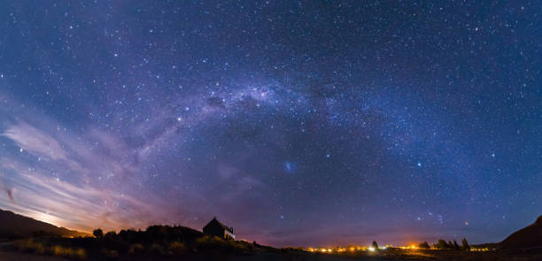 Panorama Milky way at the Church of the Good Shepherd, Lake Tekapo, New Zealand stock photo