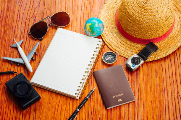 istock Travel Blogger accessories on wood copy space 1047390922