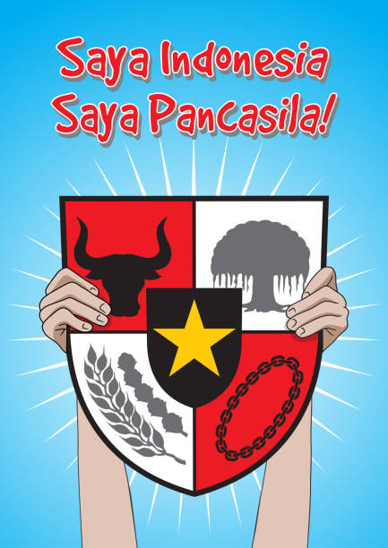 Indonesian Pancasila Day An Illustration of man hold Pancasila Shield, marks the date of Sukarno's 1945 address on the national ideology garuda pancasila stock illustrations