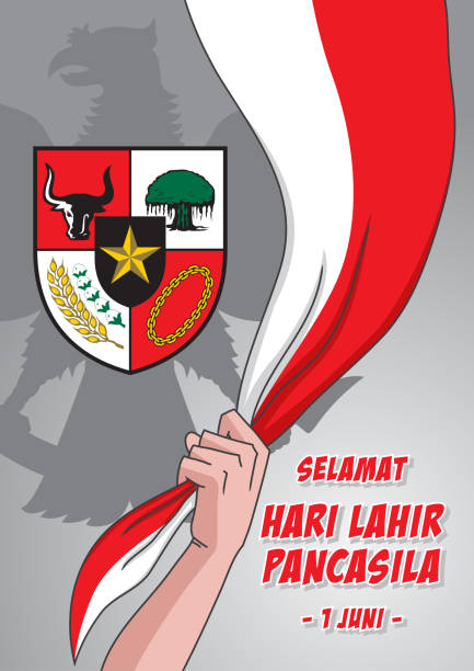 Indonesian Pancasila Day An Illustration of man hold Indonesian Flag with Pancasila Symbol, marks the date of Sukarno's 1945 address on the national ideology garuda pancasila stock illustrations