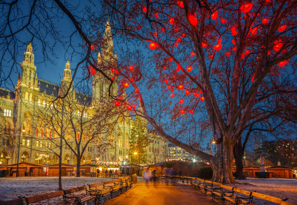 wiedeński ratusz o zmierzchu - vienna austria vienna town hall night zdjęcia i obrazy z banku zdjęć