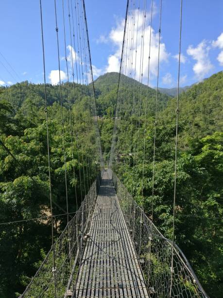 istock Suspension bridge leading towards green hill 1047404308